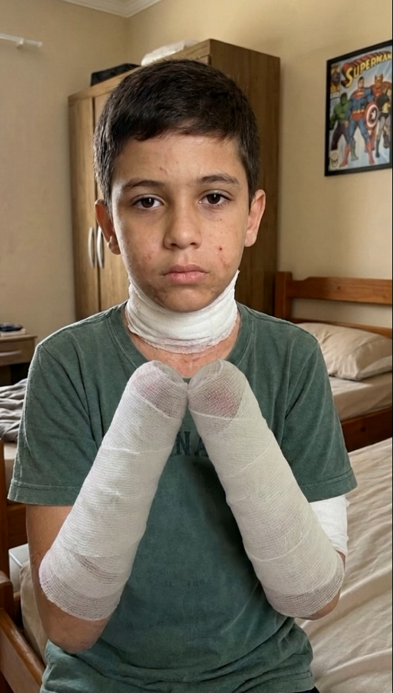 Matheus, um menino com as mãos e o pescoço enfaixados por causa da doença rara na pele